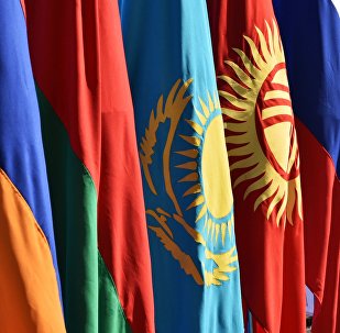 Государственные флаги на контрольно-пропускном пункте Ак-Жол на границе Киргизии и Казахстана.
